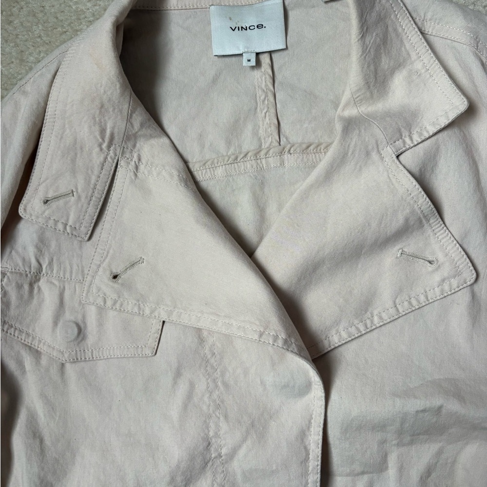 Vince stretch Drapey belted linen blend jacket, sand glow, trench coat , sz M - Picture 2 of 11